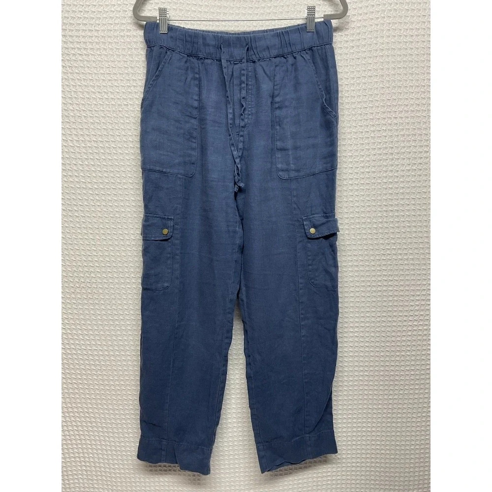 C&C California Cargo Pants Womens Large Blue‎ 100% Linen Pull On High